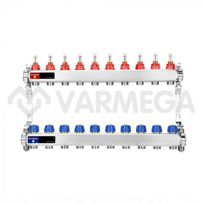 Распределительный коллектор (группа) с расходомерами Varmega VM15110 ВР 1", на 10 контуров 3/4" EK, нержавеющая сталь