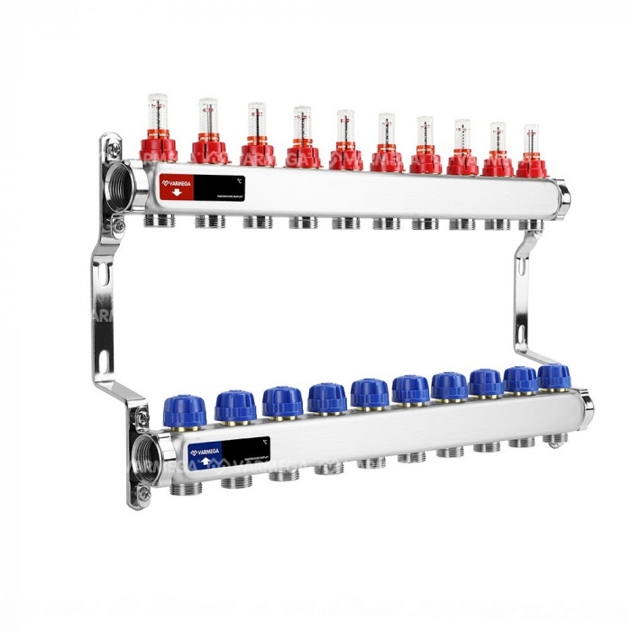 Распределительный коллектор (группа) с расходомерами Varmega VM15110 ВР 1", на 10 контуров 3/4" EK, нержавеющая сталь