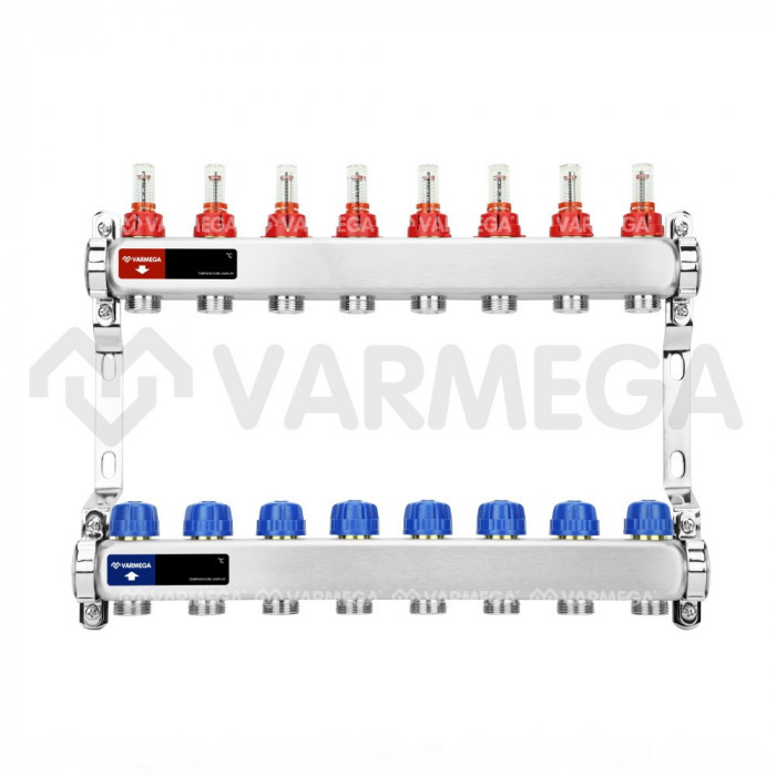 Распределительный коллектор (группа) с расходомерами Varmega VM15108 ВР 1", на 8 контуров 3/4" EK, нержавеющая сталь