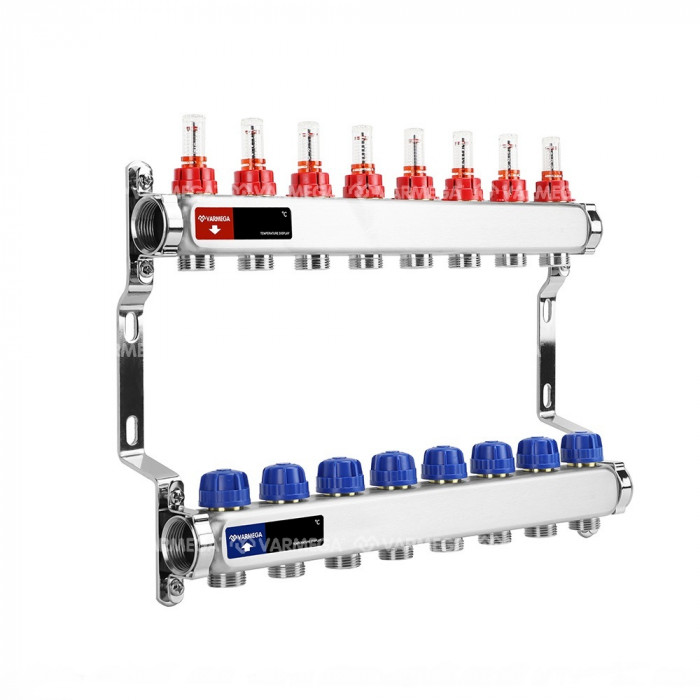 Распределительный коллектор (группа) с расходомерами Varmega VM15108 ВР 1", на 8 контуров 3/4" EK, нержавеющая сталь