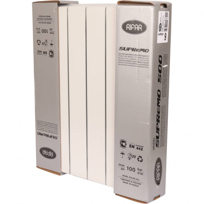 Биметаллический радиатор RIFAR SUPReMO VENTIL 500, 6 секций, нижнее правое подключение, белый