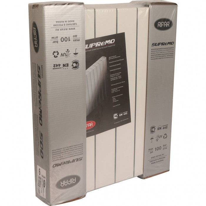 Биметаллический радиатор RIFAR SUPReMO VENTIL 500, 6 секций, нижнее правое подключение, белый