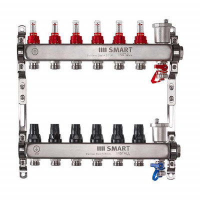 Комплект коллекторов Smart Install с расходомерами и термостат. клапанами 1&quot;х3/4&quot;ЕК-6 вых.