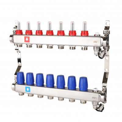 Коллектор с расходомерами, дренажным краном и краном Маевского, 7 вых.
