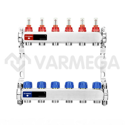 Распределительный коллектор (группа) с расходомерами Varmega VM15106 ВР 1&quot;, на 6 контуров 3/4&quot; EK, нержавеющая сталь