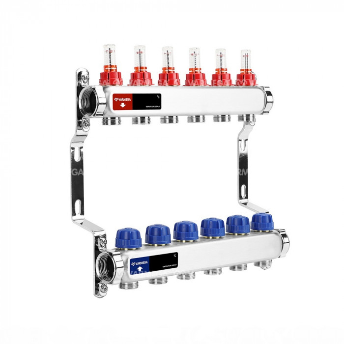 Распределительный коллектор (группа) с расходомерами Varmega VM15106 ВР 1", на 6 контуров 3/4" EK, нержавеющая сталь