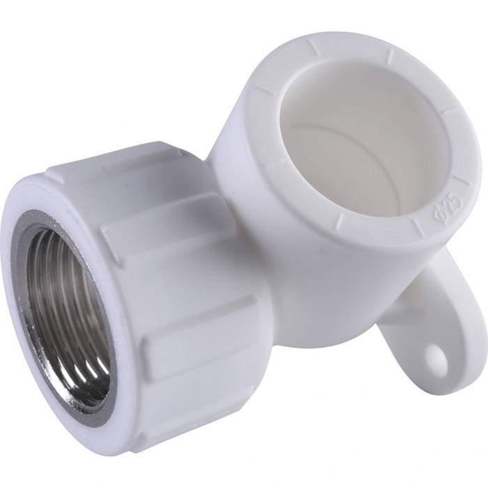 Угольник Политэк 25х3/4 с внутренней резьбой с креплением для полипропиленовых труб под сварку (цвет белый)