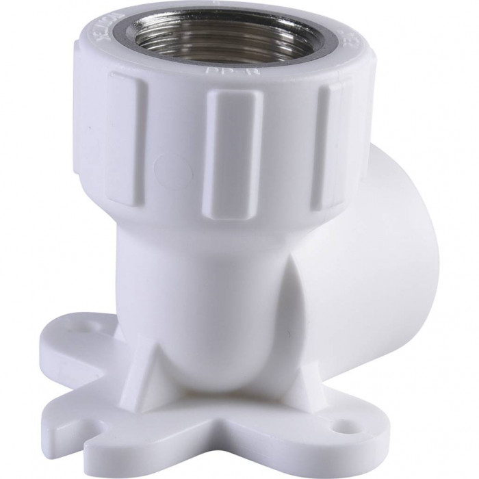 Угольник Политэк 25х3/4 с внутренней резьбой с креплением для полипропиленовых труб под сварку (цвет белый)