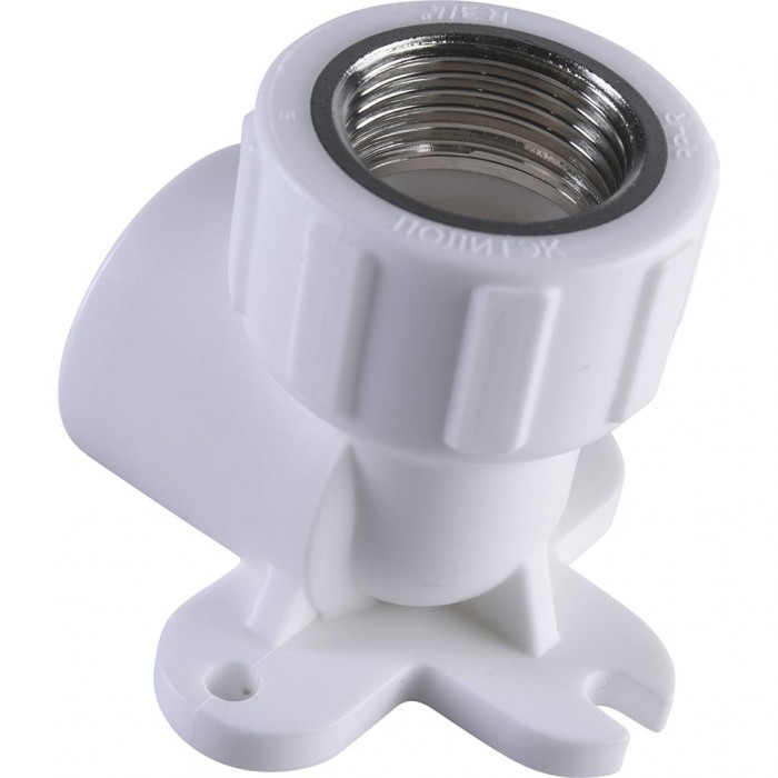 Угольник Политэк 25х3/4 с внутренней резьбой с креплением для полипропиленовых труб под сварку (цвет белый)