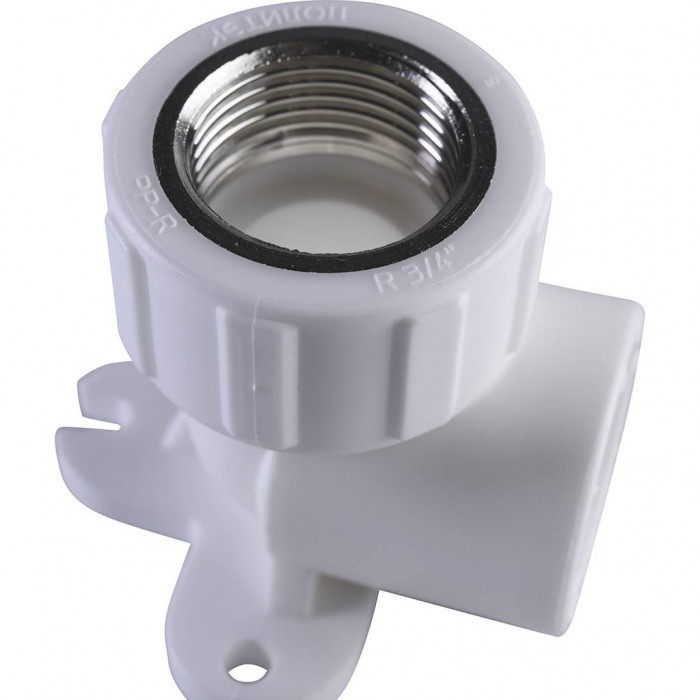 Угольник Политэк 25х3/4 с внутренней резьбой с креплением для полипропиленовых труб под сварку (цвет белый)