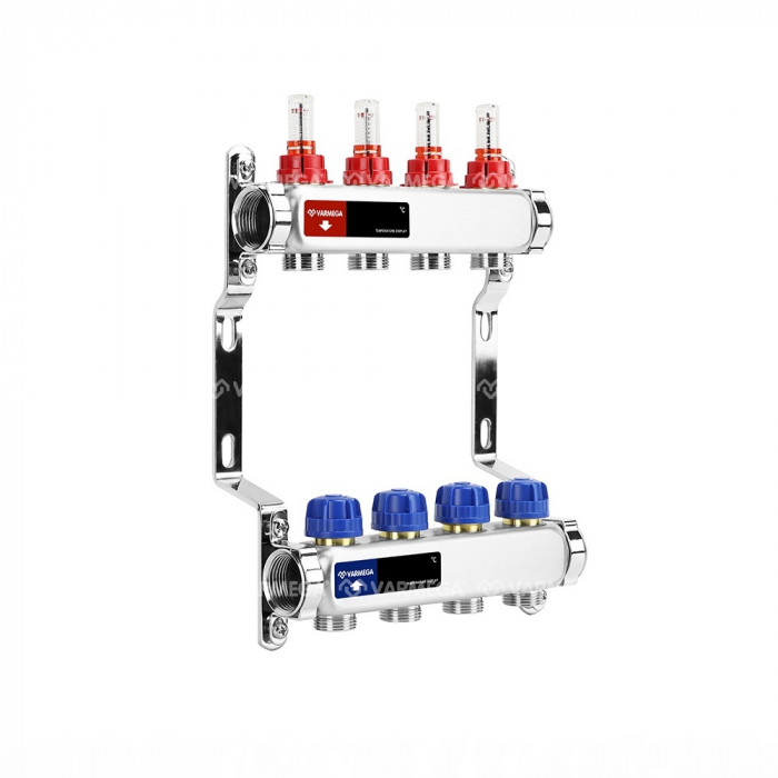 Распределительный коллектор (группа) с расходомерами Varmega VM15104 ВР 1", на 4 контура 3/4" EK, нержавеющая сталь