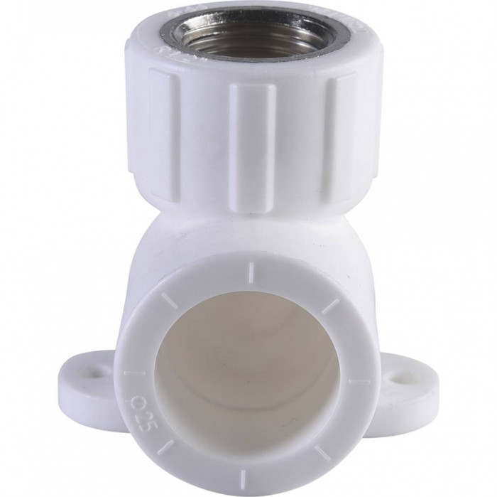 Угольник Политэк 25х1/2 с внутренней резьбой с креплением для полипропиленовых труб под сварку (цвет белый)