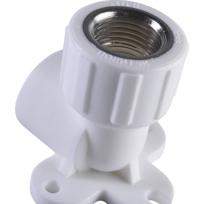 Угольник Политэк 25х1/2 с внутренней резьбой с креплением для полипропиленовых труб под сварку (цвет белый)