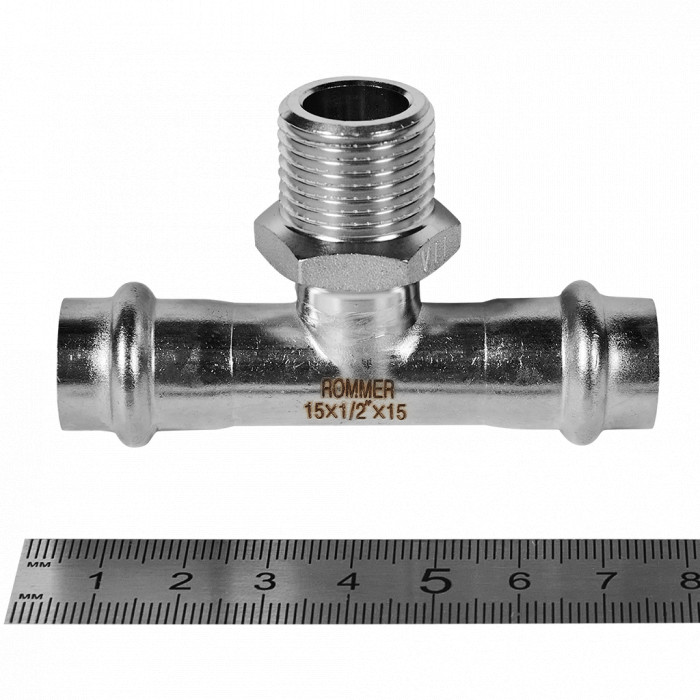ROMMER RSS-0016-001512 ROMMER Тройник-переходник-НР, 15х1/2, из нержавеющей стали прессовой