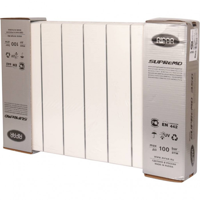 Биметаллический радиатор RIFAR SUPReMO VENTIL 350, 8 секций, нижнее правое подключение, белый