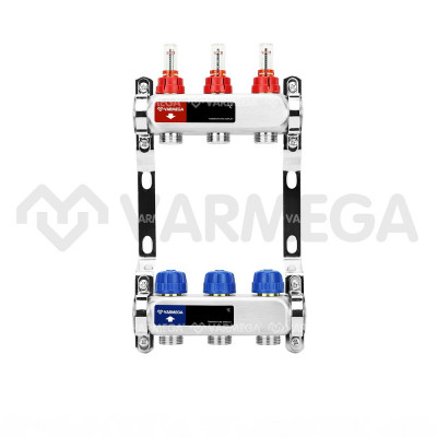 Распределительный коллектор (группа) с расходомерами Varmega VM15103 ВР 1&quot;, на 3 контура 3/4&quot; EK, нержавеющая сталь