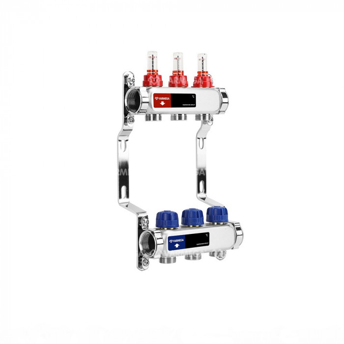 Распределительный коллектор (группа) с расходомерами Varmega VM15103 ВР 1", на 3 контура 3/4" EK, нержавеющая сталь