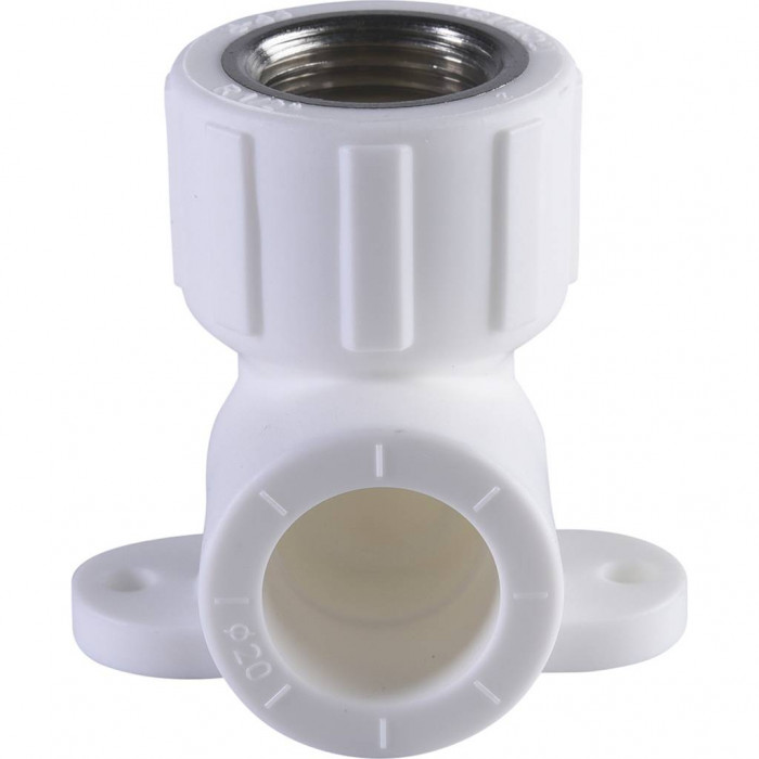 Угольник Политэк 20х1/2 с внутренней резьбой с креплением для полипропиленовых труб под сварку (цвет белый)