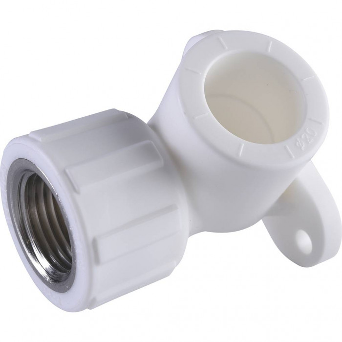 Угольник Политэк 20х1/2 с внутренней резьбой с креплением для полипропиленовых труб под сварку (цвет белый)