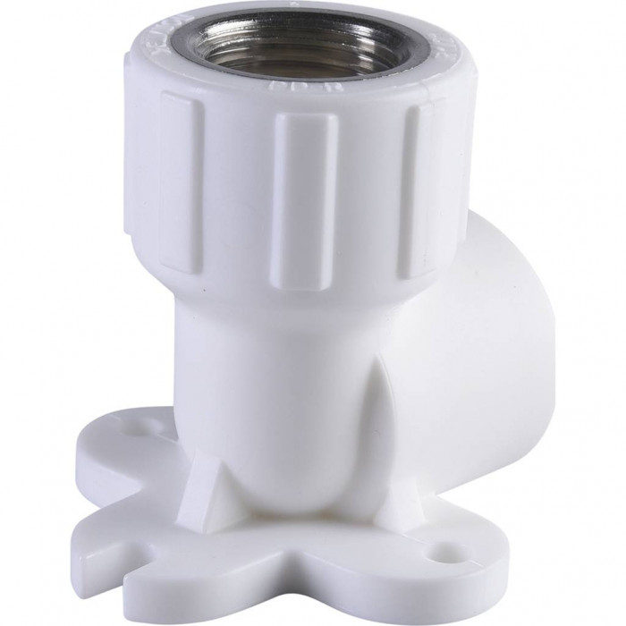 Угольник Политэк 20х1/2 с внутренней резьбой с креплением для полипропиленовых труб под сварку (цвет белый)