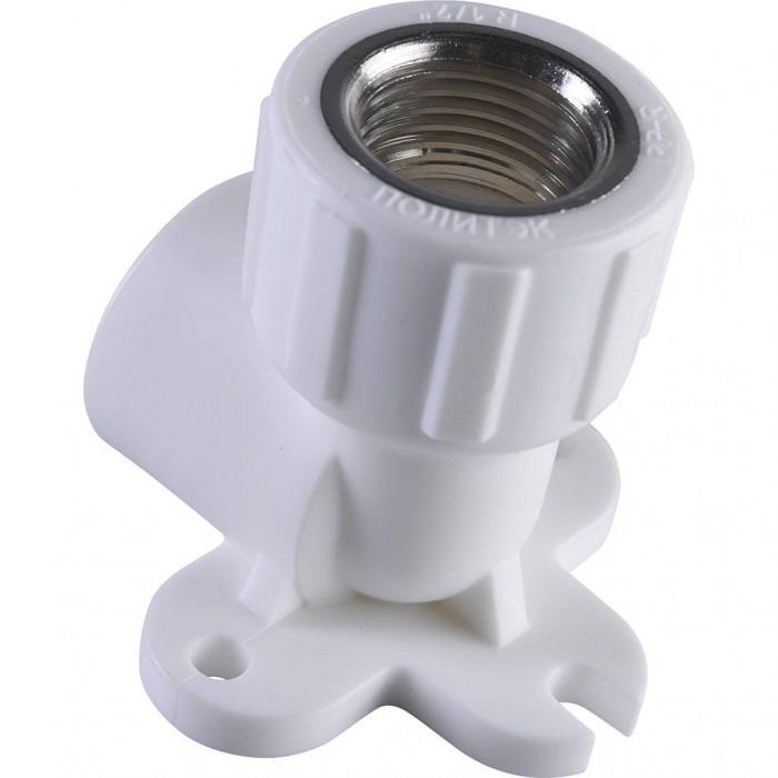 Угольник Политэк 20х1/2 с внутренней резьбой с креплением для полипропиленовых труб под сварку (цвет белый)