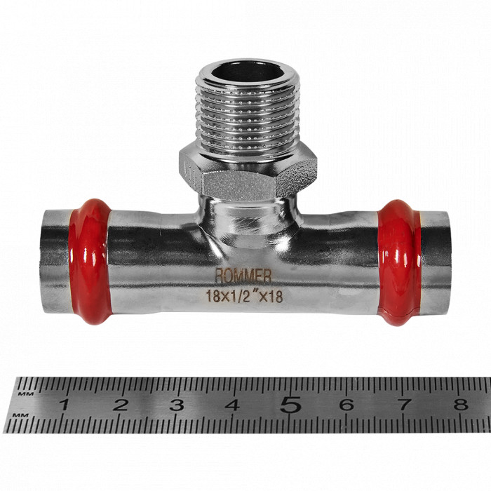 ROMMER RSS-0016-001812 ROMMER Тройник-переходник-НР, 18х1/2, из нержавеющей стали прессовой