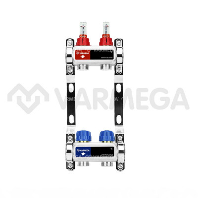 Распределительный коллектор (группа) с расходомерами Varmega VM15102 ВР 1&quot;, на 2 контура 3/4&quot; EK, нержавеющая сталь