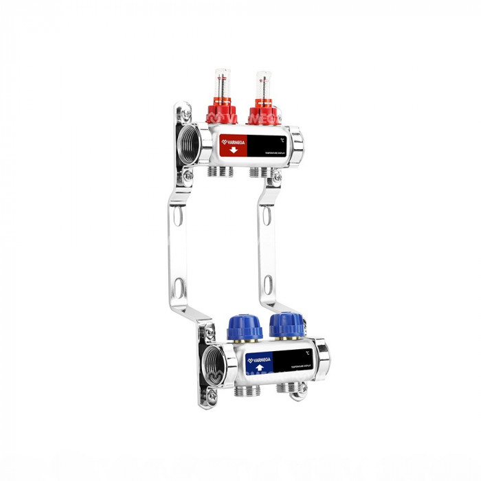 Распределительный коллектор (группа) с расходомерами Varmega VM15102 ВР 1", на 2 контура 3/4" EK, нержавеющая сталь