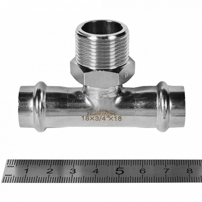 ROMMER RSS-0016-001834 ROMMER Тройник-переходник-НР, 18х3/4, из нержавеющей стали прессовой