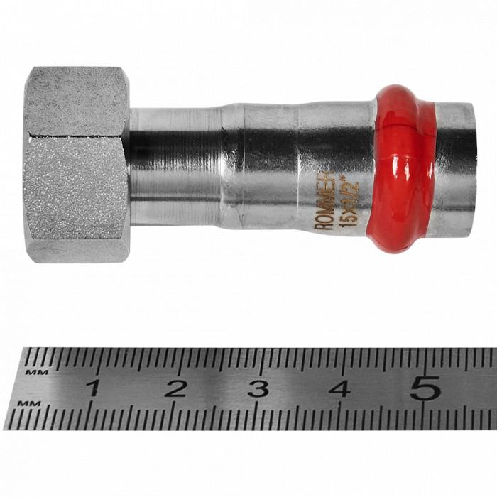 ROMMER RSS-0026-001512 ROMMER Переходник с накидной гайкой-ВР, 15х1/2, из нержавеющей стали прессовой