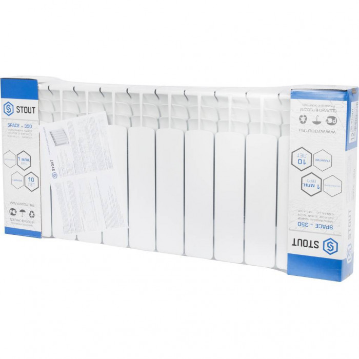 Биметаллический радиатор STOUT Space 350, 12 секций, боковое подключение, белый