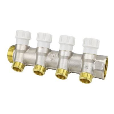 Коллектор распределительный с запорными клапанами Varmega VM14734, 1&quot;, на 4 выхода 3/4&quot;ЕК