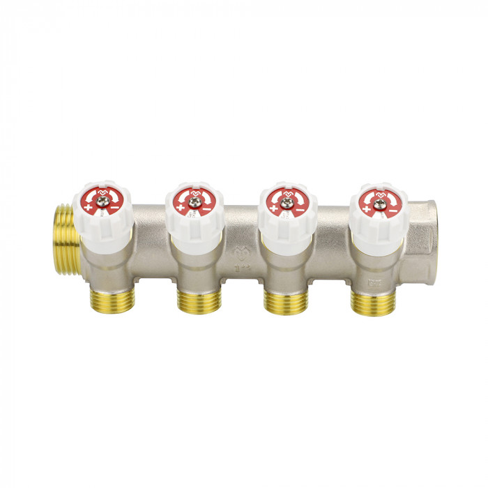 Коллектор распределительный с запорными клапанами Varmega VM14734, 1", на 4 выхода 3/4"ЕК