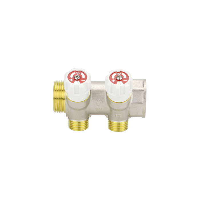 Коллектор распределительный с запорными клапанами Varmega VM14732, 1", на 2 выхода 3/4"ЕК