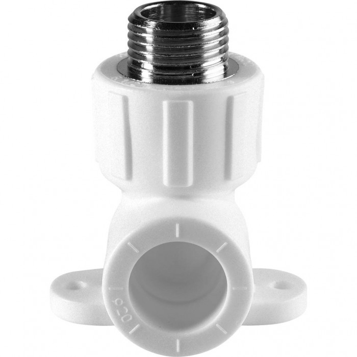 Угольник Политэк 20х1/2 с наружной резьбой с креплением для полипропиленовых труб под сварку (цвет белый)