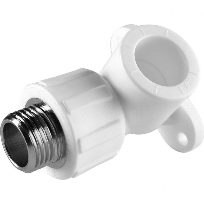 Угольник Политэк 20х1/2 с наружной резьбой с креплением для полипропиленовых труб под сварку (цвет белый)