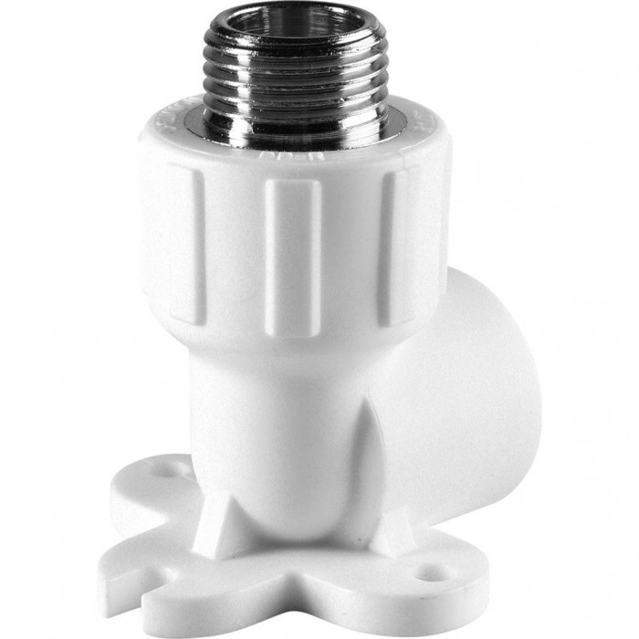 Угольник Политэк 20х1/2 с наружной резьбой с креплением для полипропиленовых труб под сварку (цвет белый)