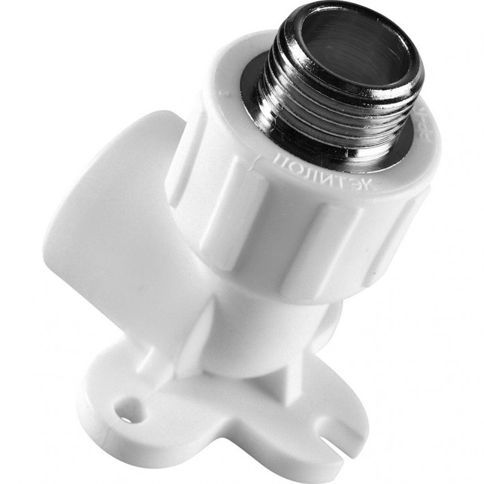 Угольник Политэк 20х1/2 с наружной резьбой с креплением для полипропиленовых труб под сварку (цвет белый)