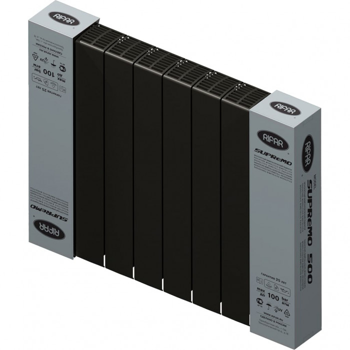 Биметаллический радиатор RIFAR SUPReMO 500, 8 секций, боковое подключение, черный