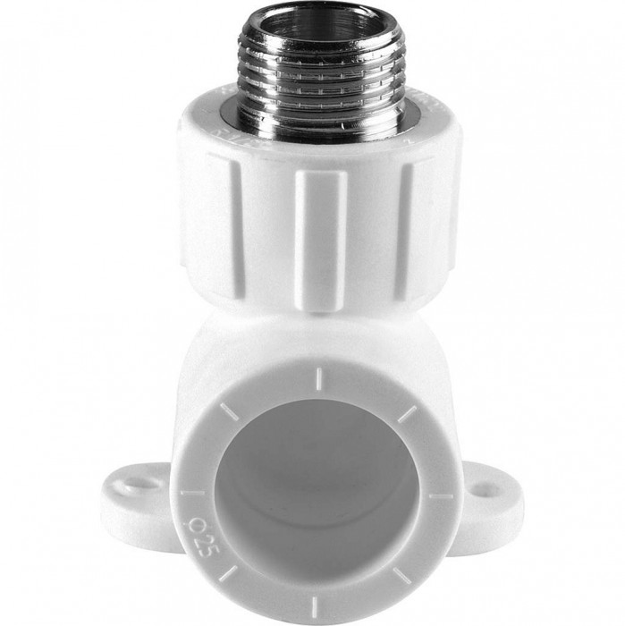 Угольник Политэк 25х1/2 с наружной резьбой с креплением для полипропиленовых труб под сварку (цвет белый)