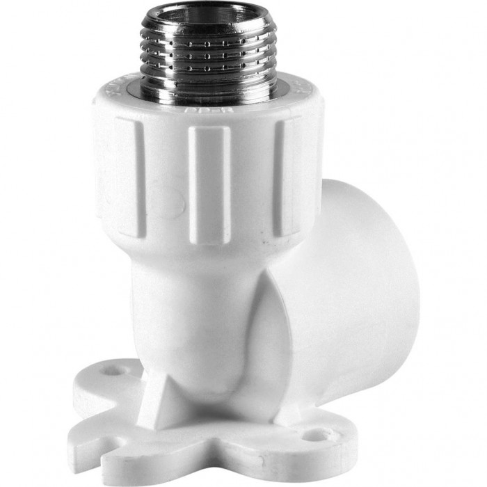 Угольник Политэк 25х1/2 с наружной резьбой с креплением для полипропиленовых труб под сварку (цвет белый)