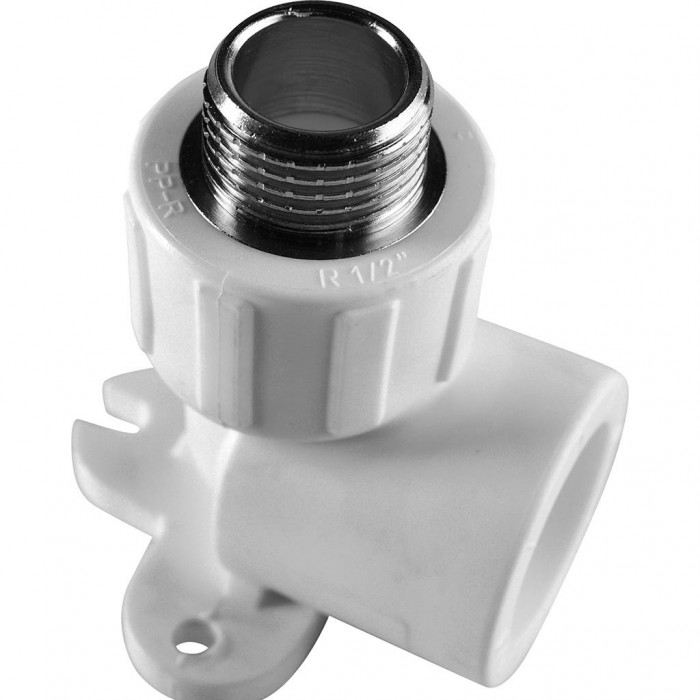 Угольник Политэк 25х1/2 с наружной резьбой с креплением для полипропиленовых труб под сварку (цвет белый)