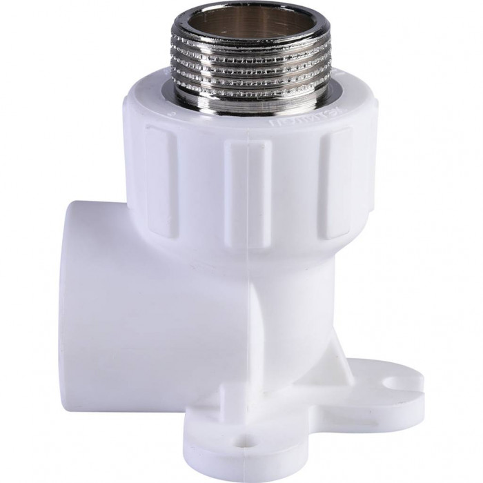 Угольник Политэк 25х3/4 с наружной резьбой с креплением для полипропиленовых труб под сварку (цвет белый)