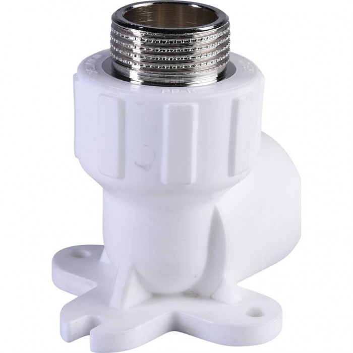 Угольник Политэк 25х3/4 с наружной резьбой с креплением для полипропиленовых труб под сварку (цвет белый)