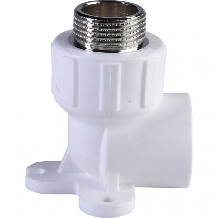 Угольник Политэк 25х3/4 с наружной резьбой с креплением для полипропиленовых труб под сварку (цвет белый)