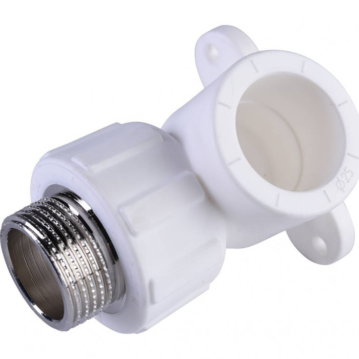 Угольник Политэк 25х3/4 с наружной резьбой с креплением для полипропиленовых труб под сварку (цвет белый)