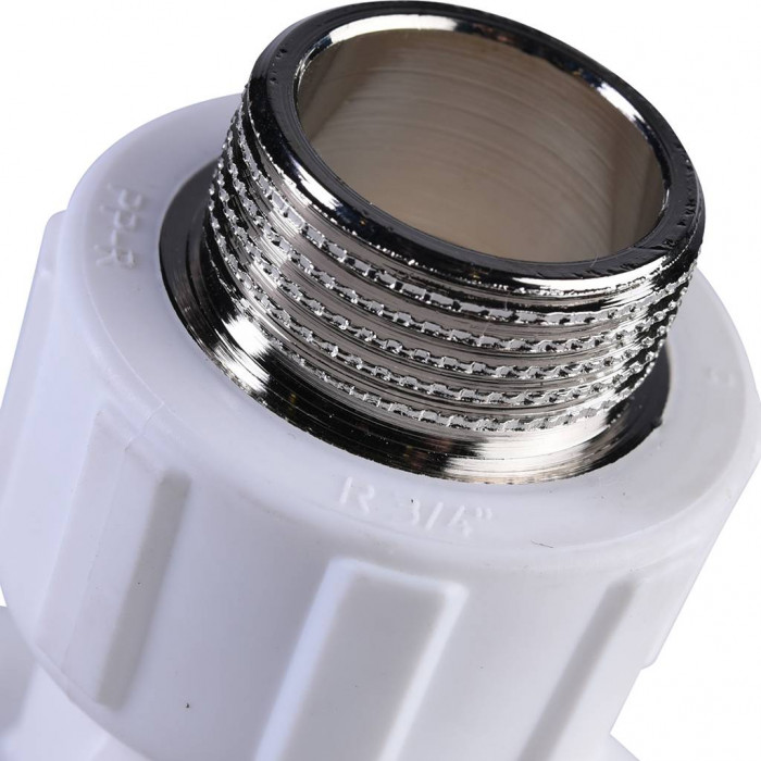 Угольник Политэк 25х3/4 с наружной резьбой с креплением для полипропиленовых труб под сварку (цвет белый)