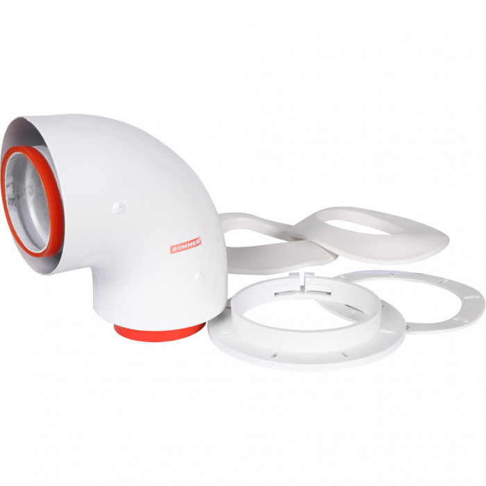 ROMMER RCA-6010-240190 Начальный участок 90 гр. 60/100 (Bosch, Buderus, Navien S/C/E, Baxi ECO Nova/Classic, Baltur, Лемакс, Fondital ) в комплекте фланец