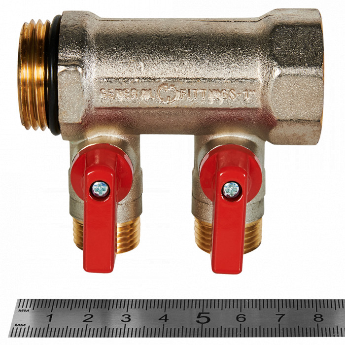 STOUT SMB 6210 011202 STOUT Коллектор с шаровыми кранами 1 , 2 отвода 1/2 (красные ручки)