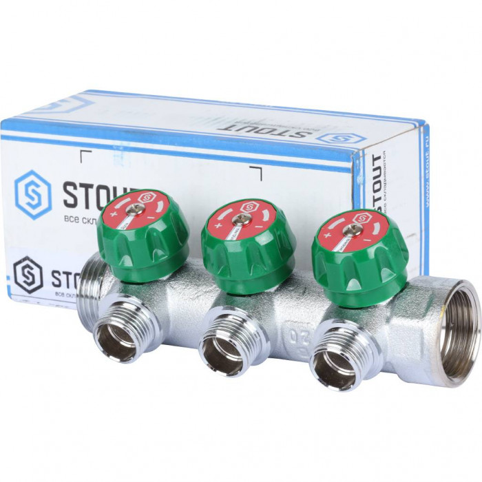 STOUT SMB-6849-011203 Коллектор регулирующий 1", 3 отвода 1/2" плоское уплотнение